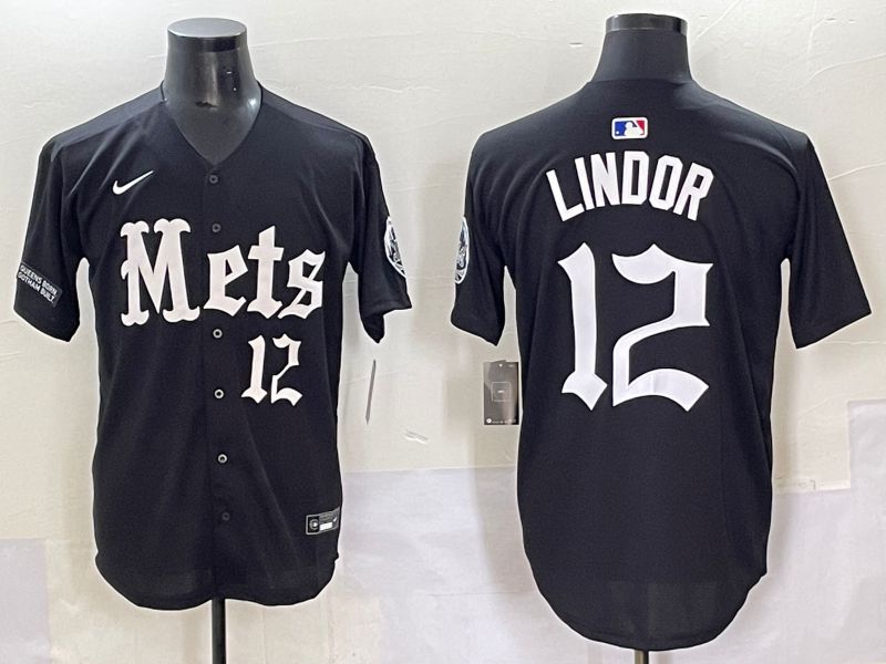 Men 2025 New York Mets #12 Lindor Black Five generations Joint Name Nike MLB Jersey style 9->new york mets->MLB Jersey